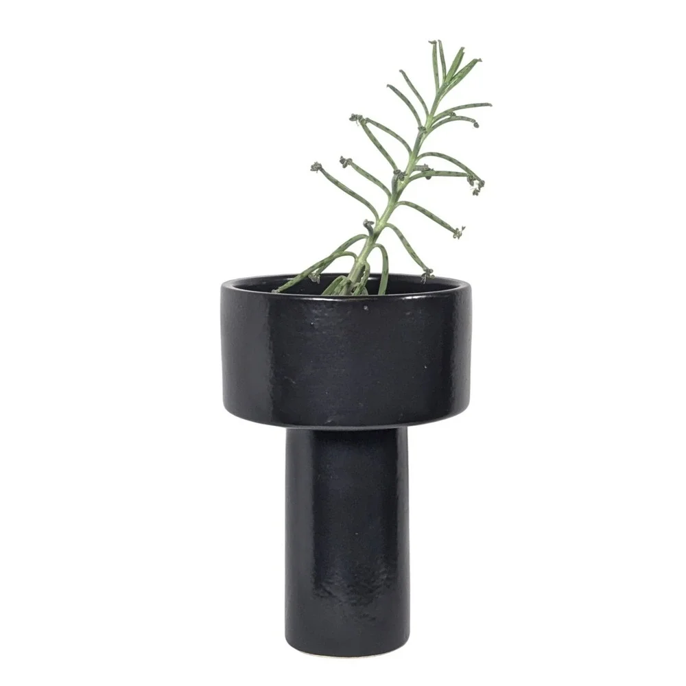 Vintage Mid-Century Black‎ Ikebana Pedestal Vase Ceramic Modernist  minimalist